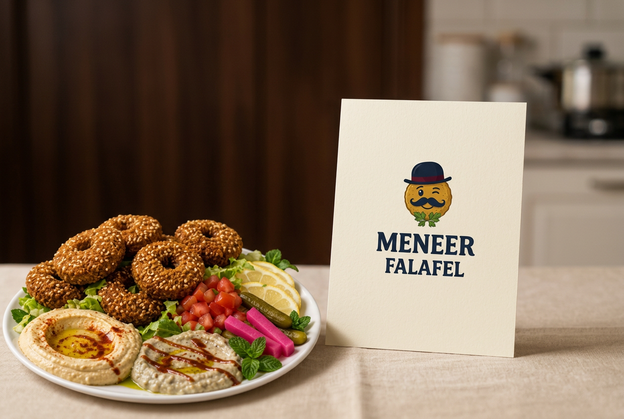 Witte schotel met sesamfalafels, hummus, mutabal, ingelegde groenten en citroen naast een Meneer Falafel-kaart met QR-code
